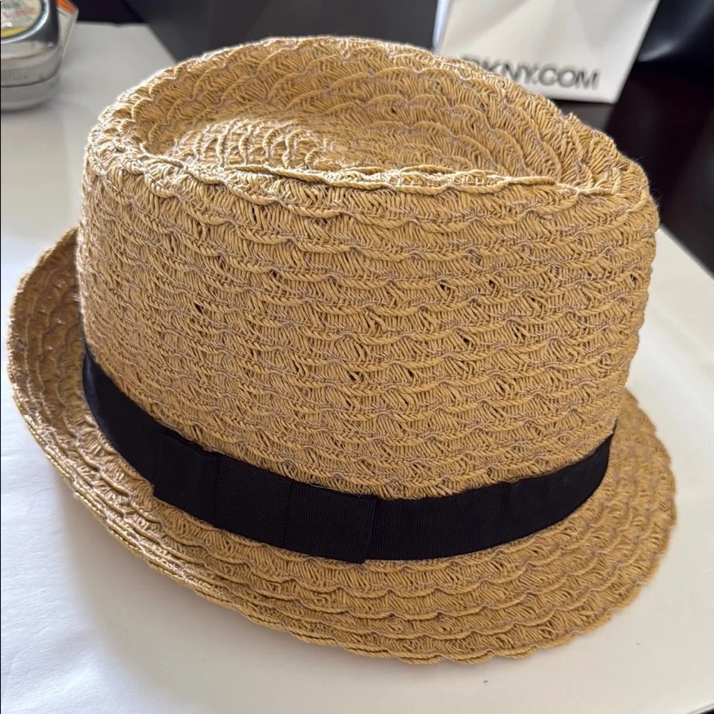 APT 9 Womens Woven Straw Fedora Hat Tan With Black Band Summer Like New